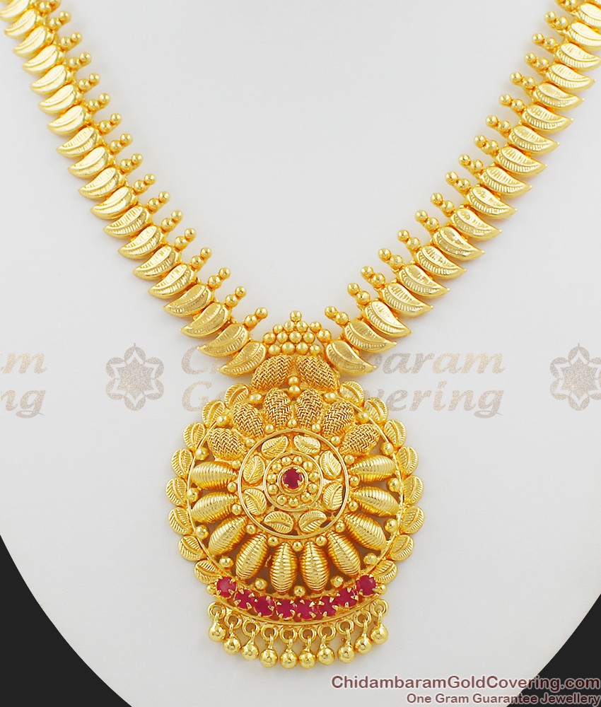 Gold Pattern Mango Leaf Ruby Stone Necklace NCKN1038