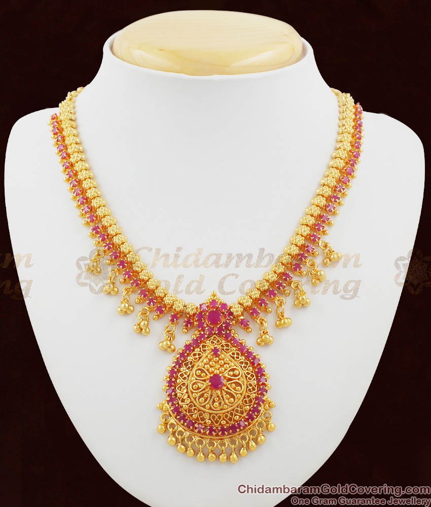 Trendy Grand Leaf Ruby Stone Imitation Bridal Wear Necklace Online NCKN1046