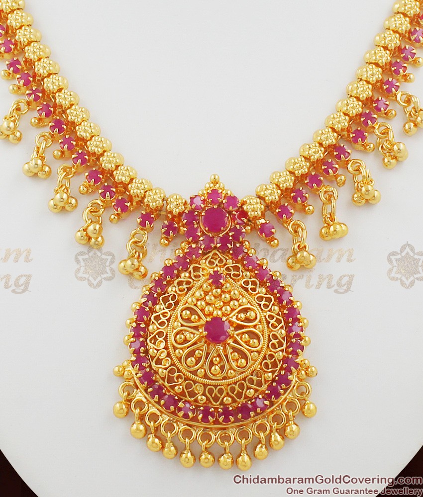 Trendy Grand Leaf Ruby Stone Imitation Bridal Wear Necklace Online NCKN1046