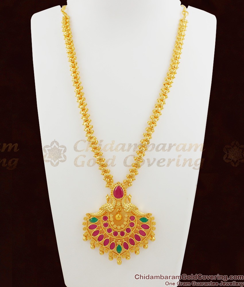 Attractive Ruby Emerald Stone Peacock Dollar Gold Necklace Chain NCKN1053