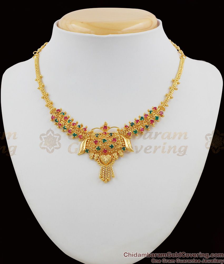 Fancy Green Emerald Ruby  Multi Stone Gold Necklace For Ladies Online NCKN1085