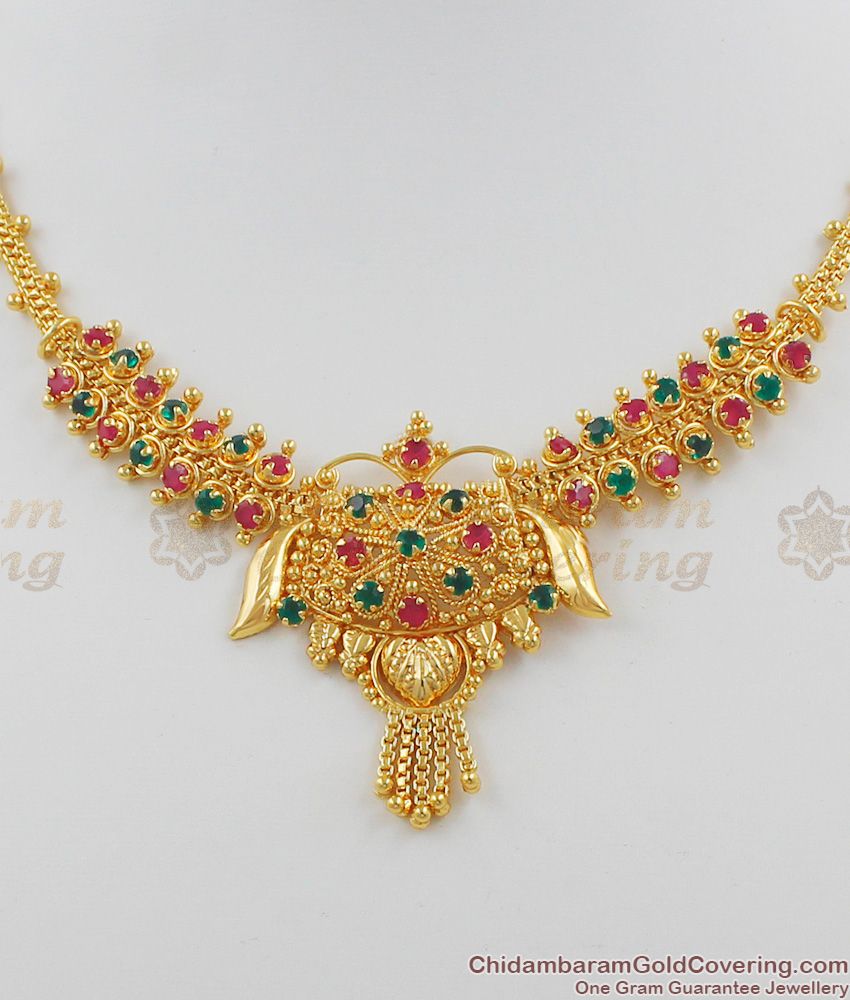 Fancy Green Emerald Ruby  Multi Stone Gold Necklace For Ladies Online NCKN1085