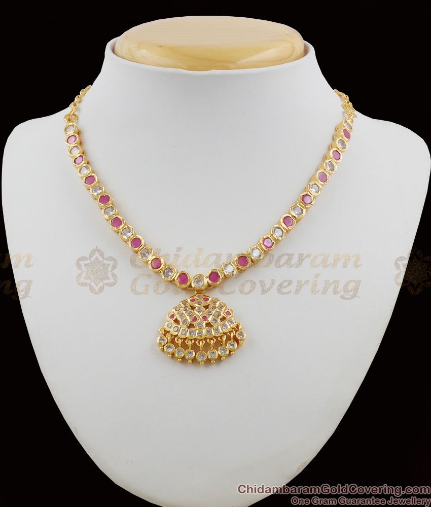 Five Metal Pink And White Stone Gold Impon Attigai Necklace Dollar Design NCKN1110 Five Metal Pink And White Stone Gold Impon Attigai Necklace Dollar Design NCKN1110