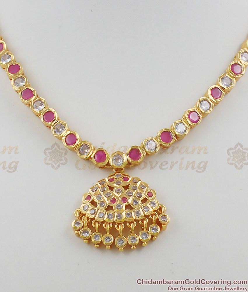 Five Metal Pink And White Stone Gold Impon Attigai Necklace Dollar Design NCKN1110