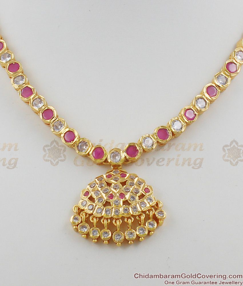 Five Metal Pink And White Stone Gold Impon Attigai Necklace Dollar Design NCKN1110 Five Metal Pink And White Stone Gold Impon Attigai Necklace Dollar Design NCKN1110