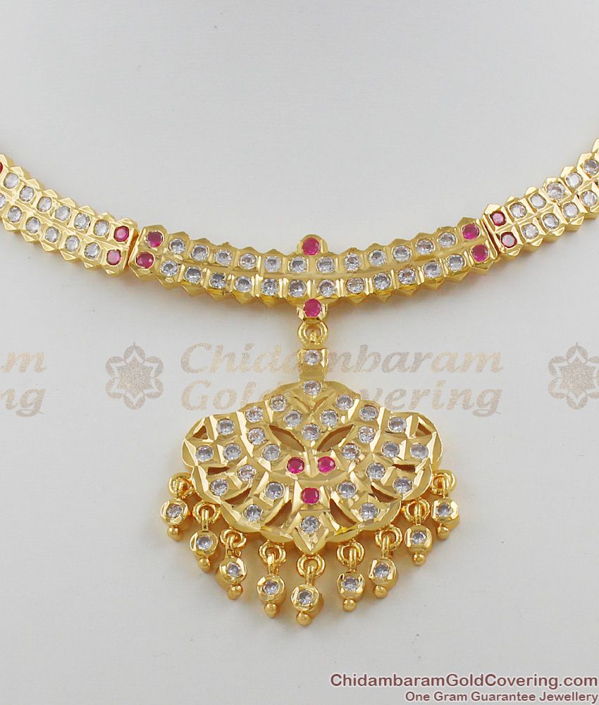 Gati Metal Gold Impon Attigai Bridal Collection Multi Color Stone Necklace Dollar NCKN1112