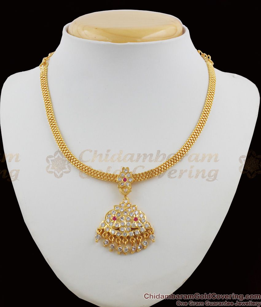 Elegant Impon Attigai Gold Ruby AD Stone Necklace Dollar Bridal Wear NCKN1113