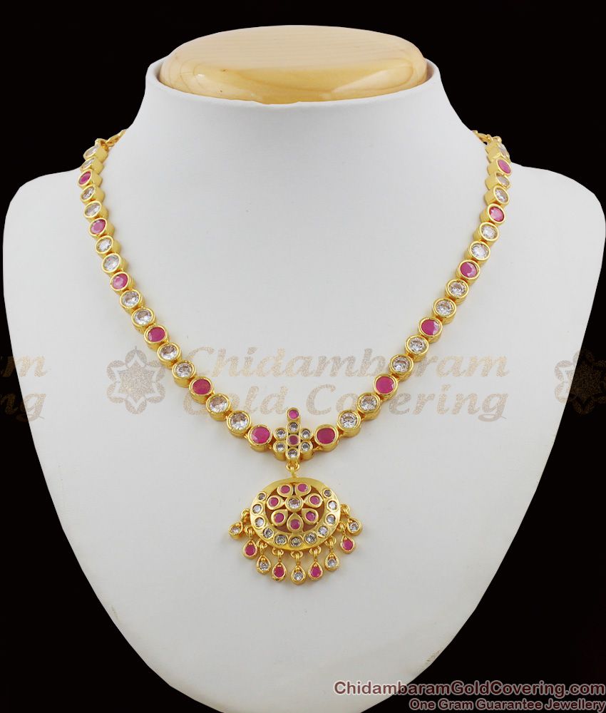 Impon Attigai Necklace Dollar Gold Plated Pink And White Stone Design NCKN1116