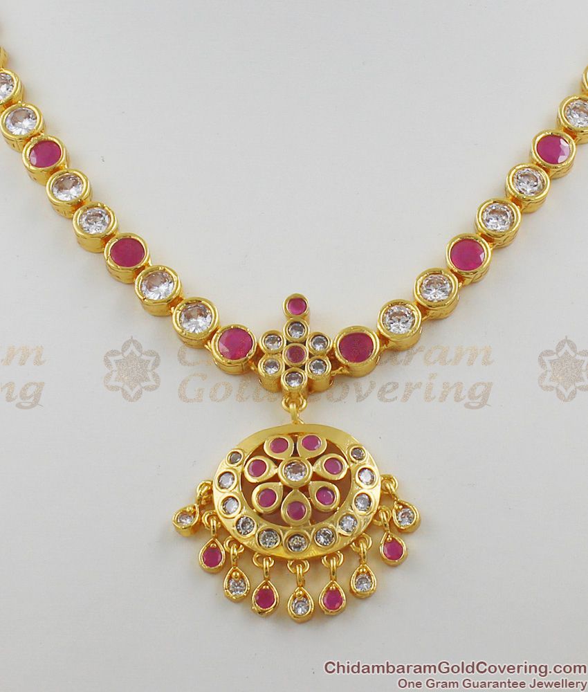 Impon Attigai Necklace Dollar Gold Plated Pink And White Stone Design NCKN1116 Impon Attigai Necklace Dollar Gold Plated Pink And White Stone Design NCKN1116