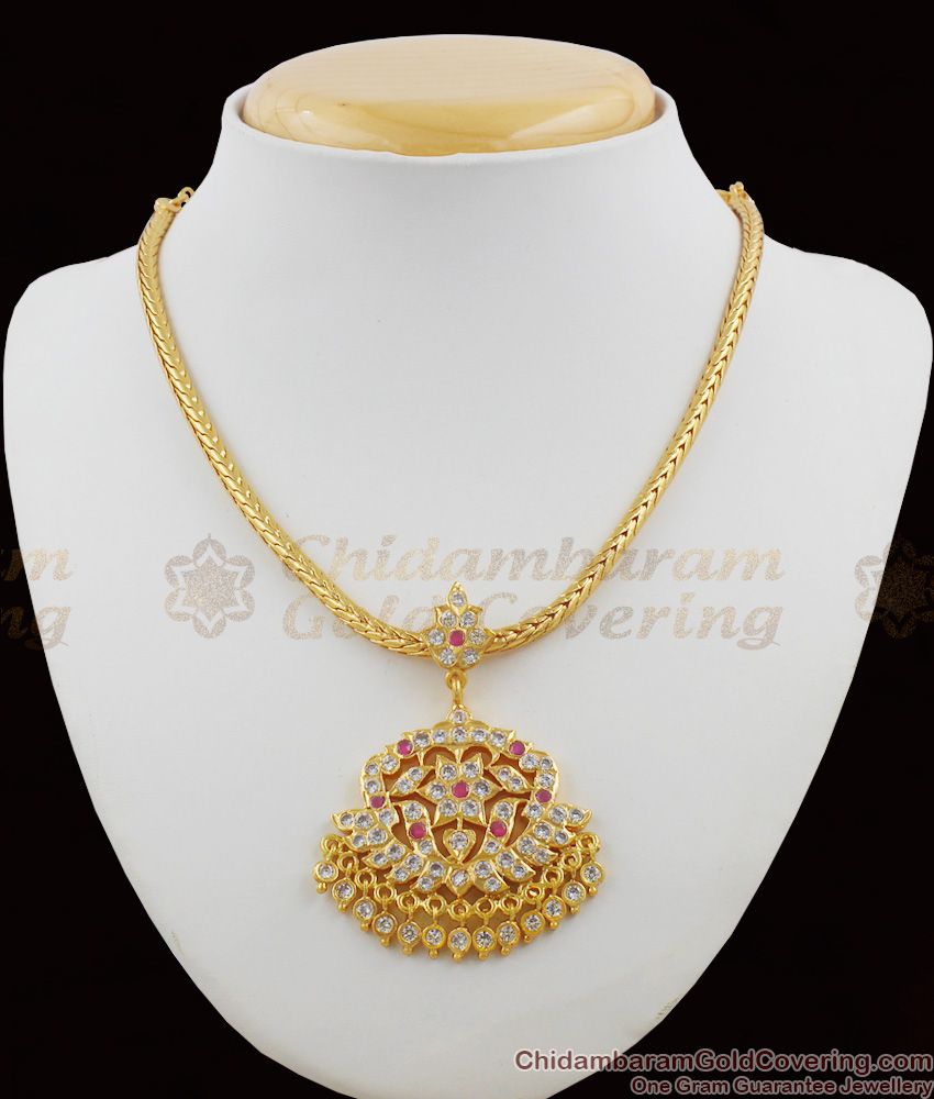 Traditional AD Ruby Stone Impon Attigai Necklace Swan Design Gold Dollar Collection NCKN1118