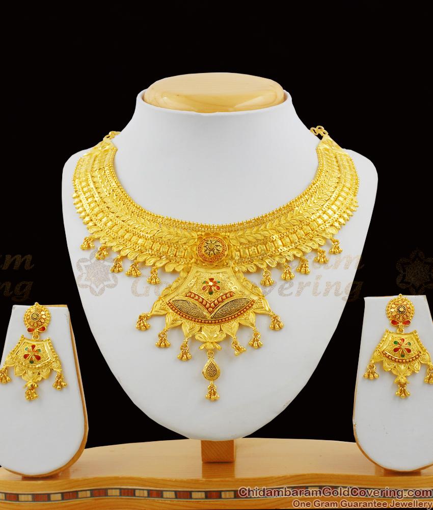 Grand Enamel Forming Gold Choker Design Necklace Set With Earrings Online NCKN1123