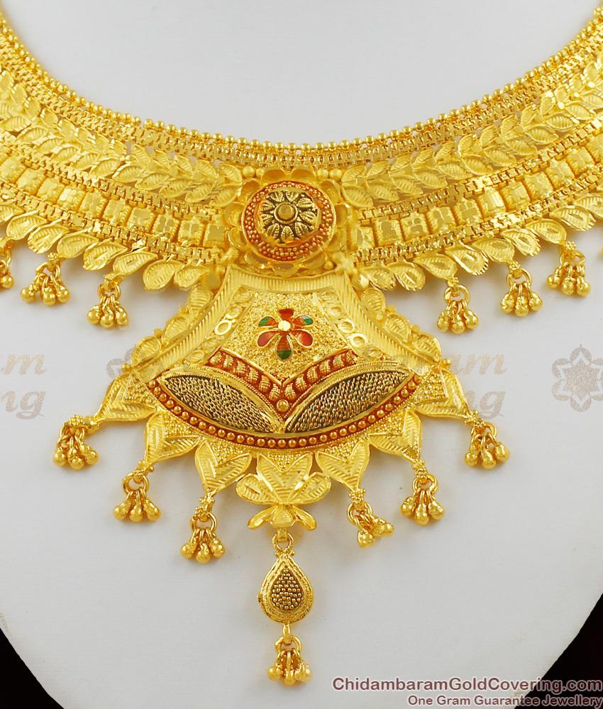 Grand Enamel Forming Gold Choker Design Necklace Set With Earrings Online NCKN1123