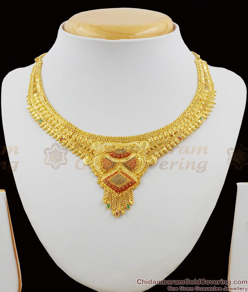 Indian Traditional Bridal Jewellery Gold Enamel Forming Necklace Set With Earrings NCKN1125