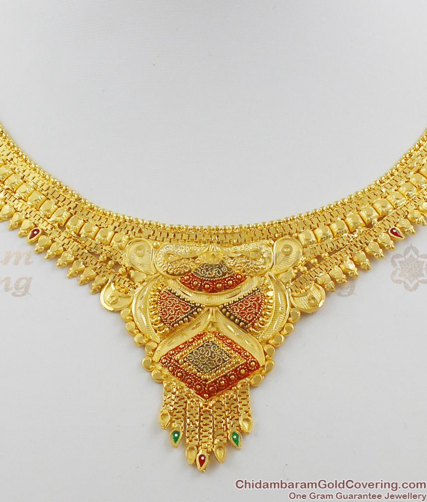 Indian Traditional Bridal Jewellery Gold Enamel Forming Necklace Set With Earrings NCKN1125