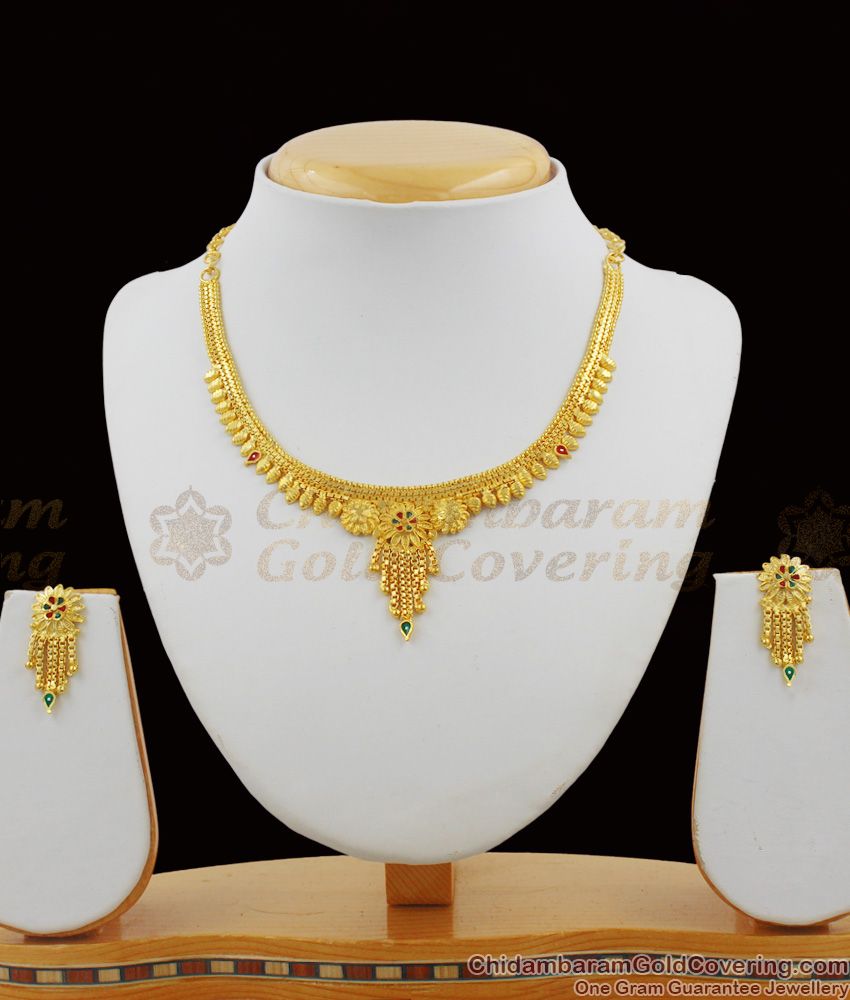 nckn1131 lightweight simple two 2 gram gold plated jewellery enamel forming necklace set with earrings south indian jewelry online 550 1 1