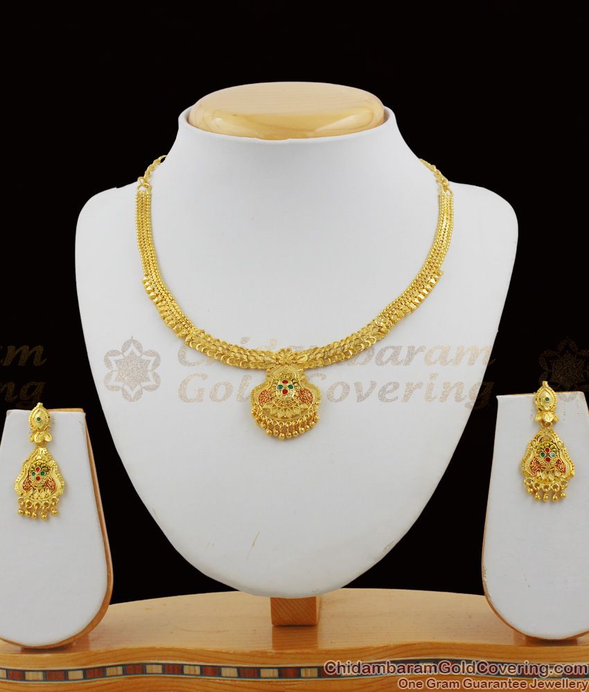 Traditional Flower Design Enamel Forming Gold Plated Necklace With Earrings NCKN1133