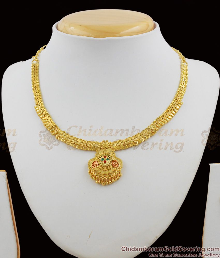 Traditional Flower Design Enamel Forming Gold Plated Necklace With Earrings NCKN1133