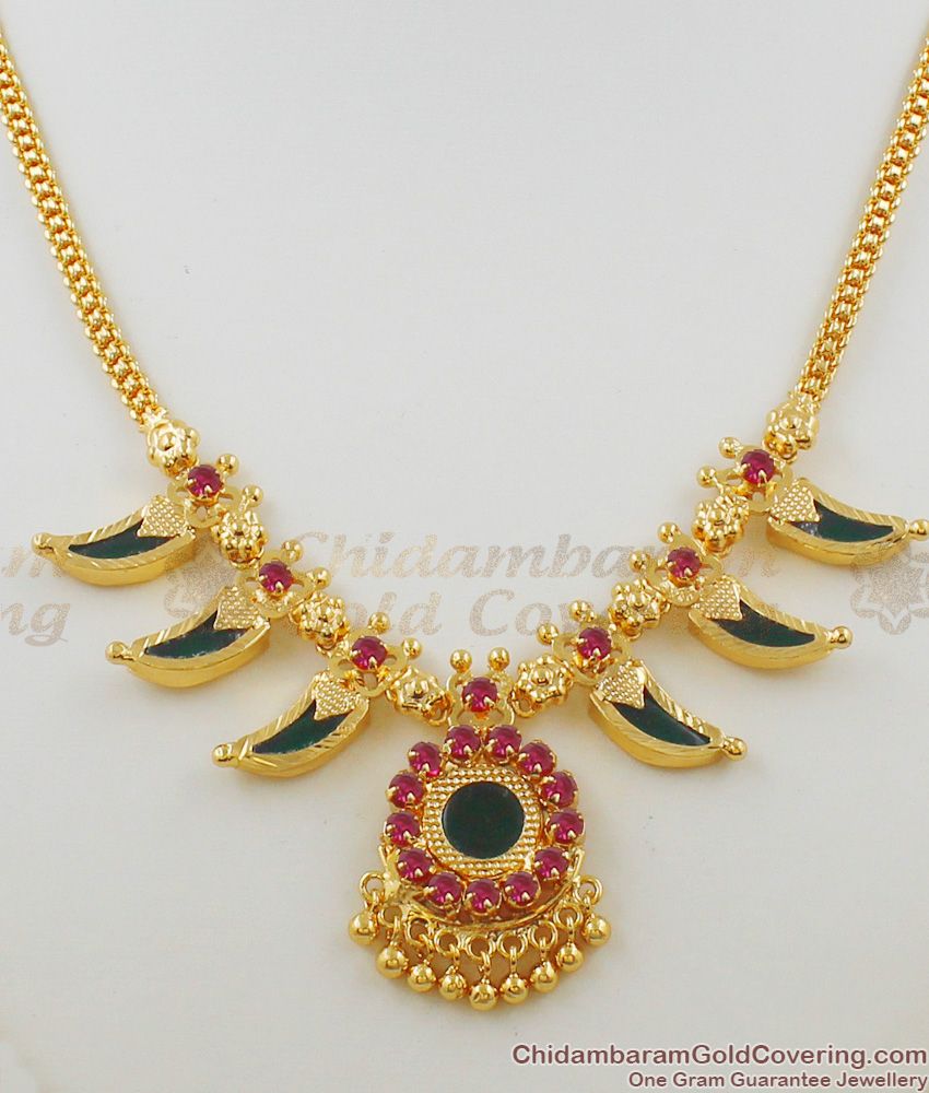 Beautiful Flower Leaf Multi Color Stone Kerala Palakka Gold Necklace Design NCKN1143