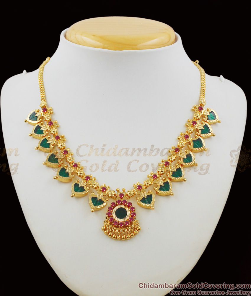 Peoples Favorite Grand Seven Petal Pink And Green Stone Kerala Palakka Necklace NCKN1144