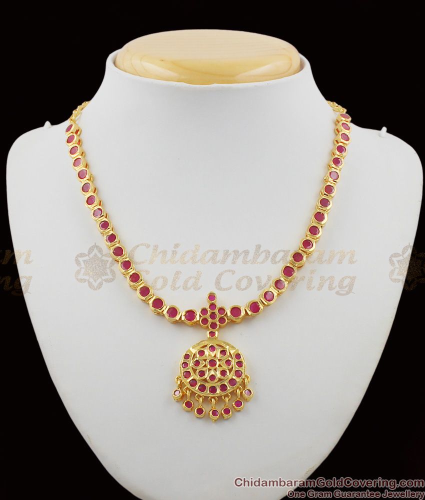 Full Ruby Stone Impon Attigai Gold Necklace Dollar Design Five Metal Jewelry NCKN1148