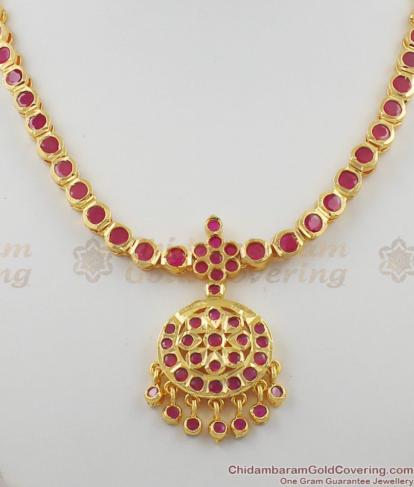 Full Ruby Stone Impon Attigai Gold Necklace Dollar Design Five Metal Jewelry NCKN1148