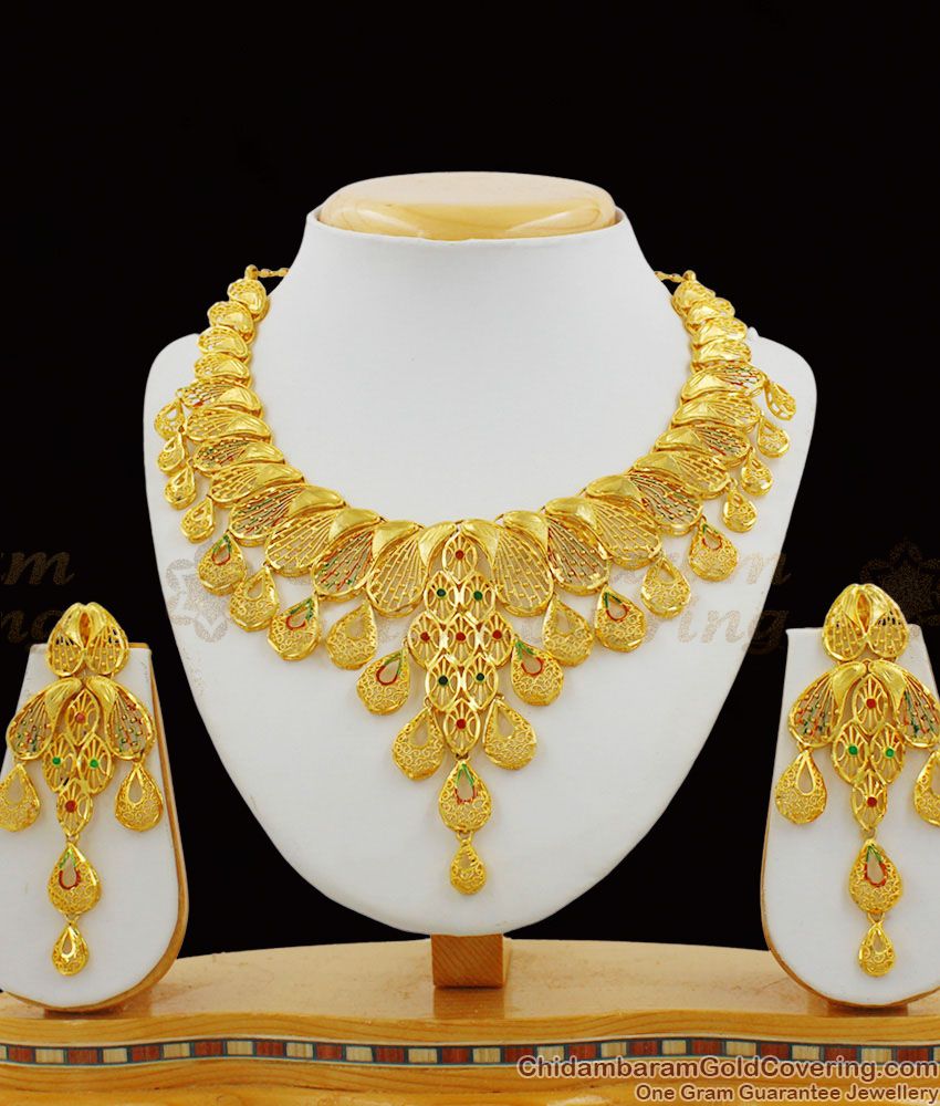 Amazing Two Gram Gold Plated Enamel Forming Choker Necklace Set With Earrings NCKN1167