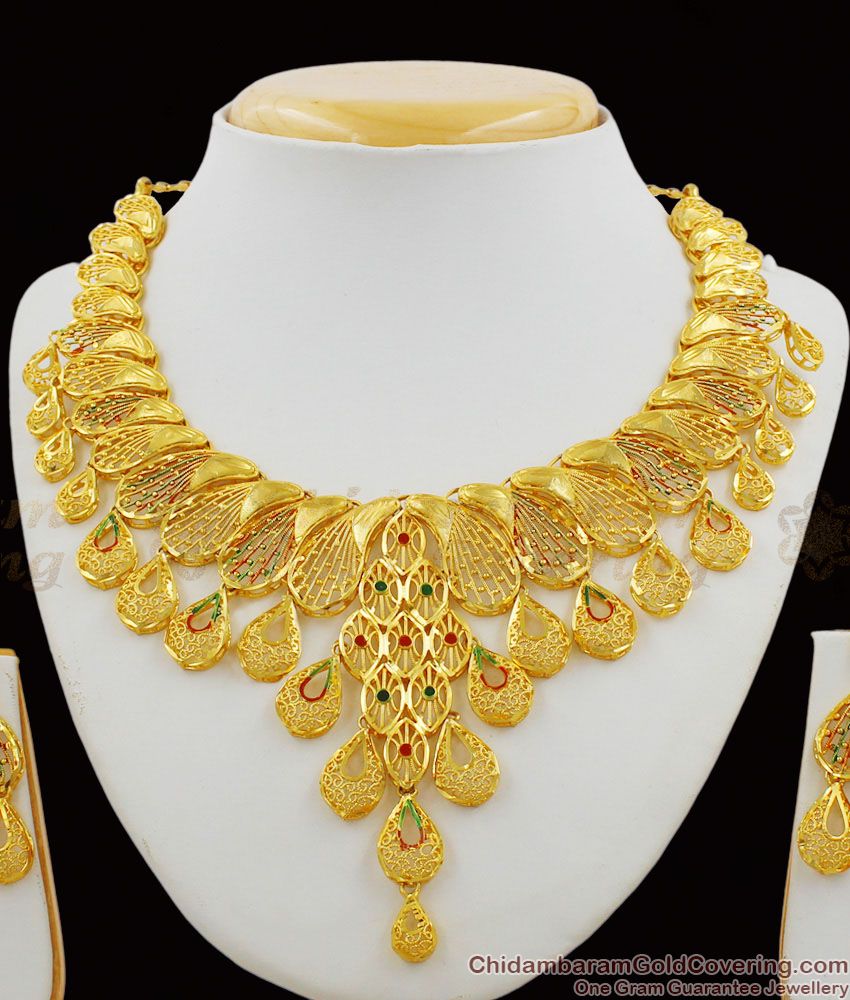 Amazing Two Gram Gold Plated Enamel Forming Choker Necklace Set With Earrings NCKN1167