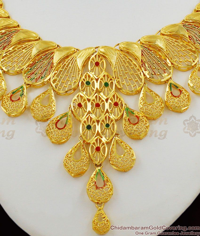 Amazing Two Gram Gold Plated Enamel Forming Choker Necklace Set With Earrings NCKN1167