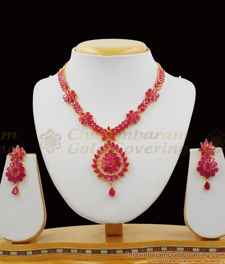 Semi Precious Full Ruby Stone Attractive Necklace Set With Earrings Party Wear NCKN1168