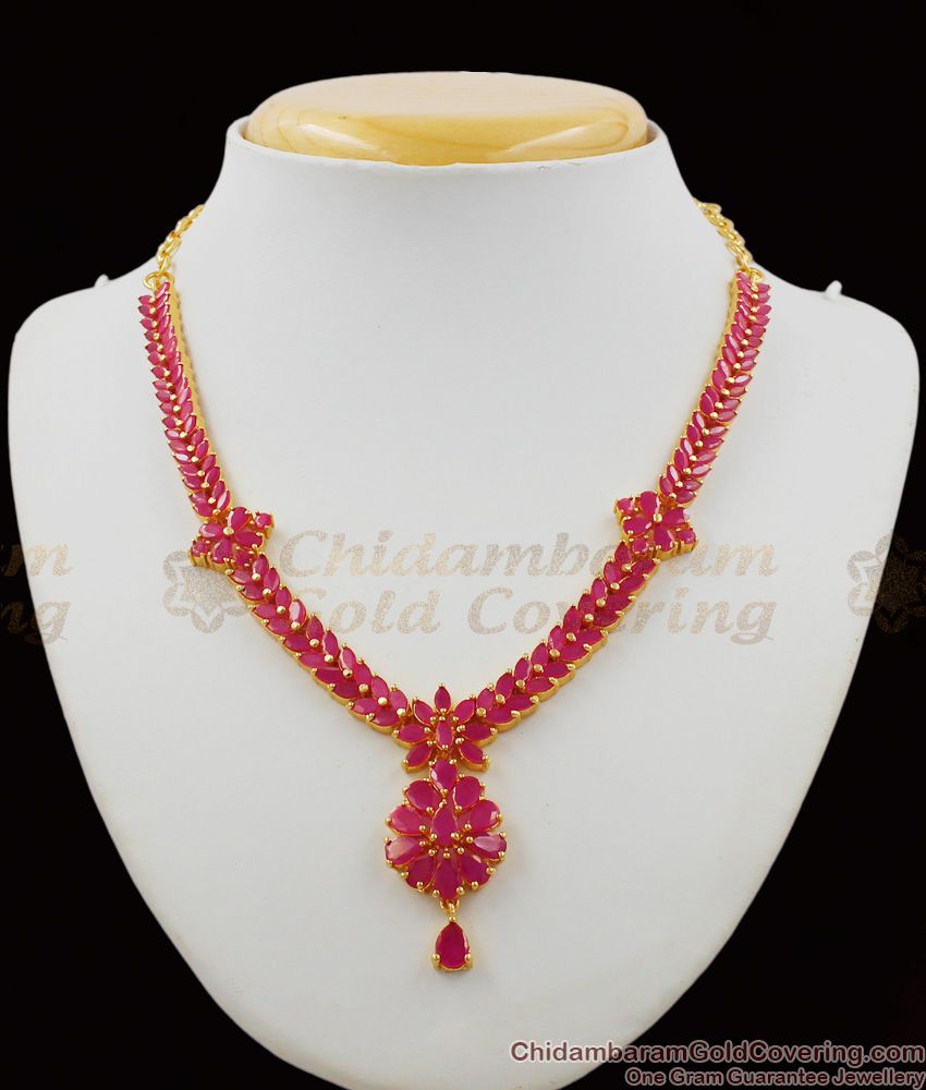 Fancy Flower Design Ruby Stone Semi Precious Necklace Earrings Combo Set NCKN1170