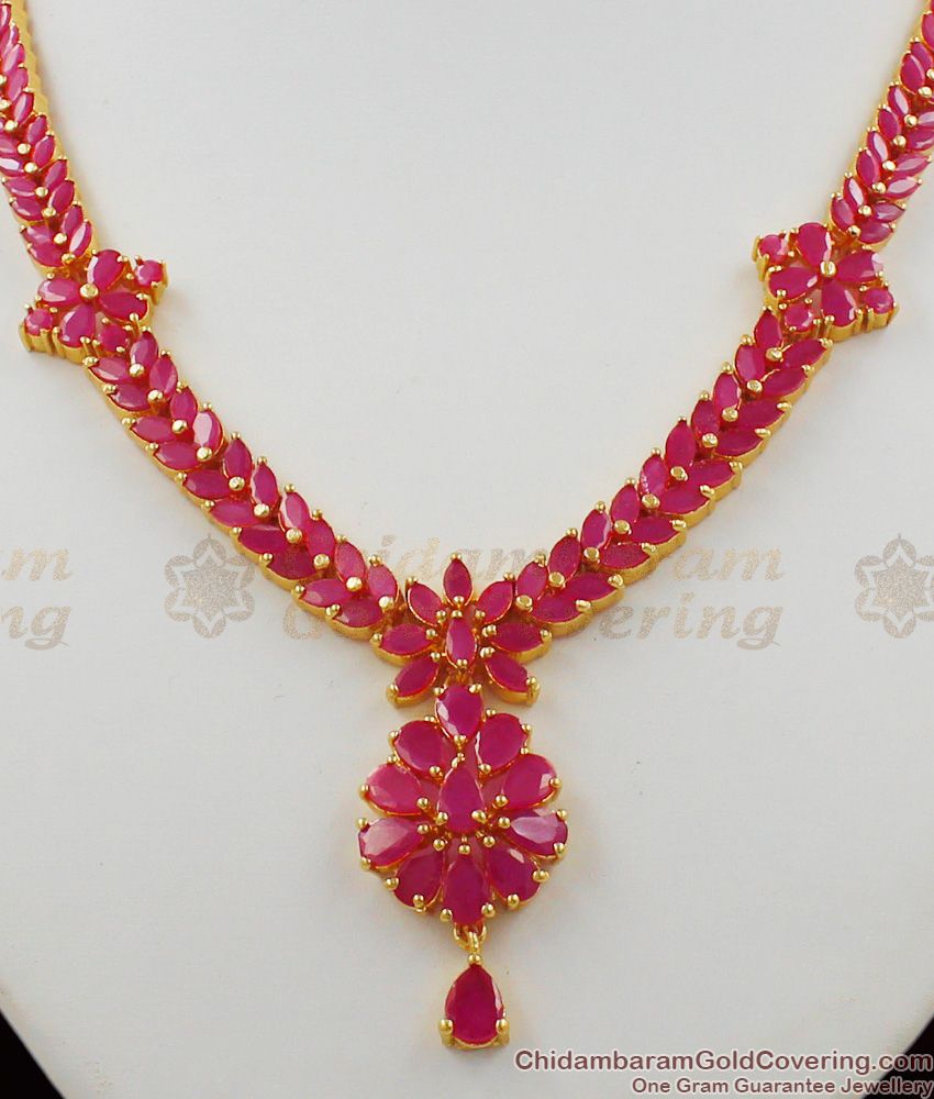 Fancy Flower Design Ruby Stone Semi Precious Necklace Earrings Combo Set NCKN1170