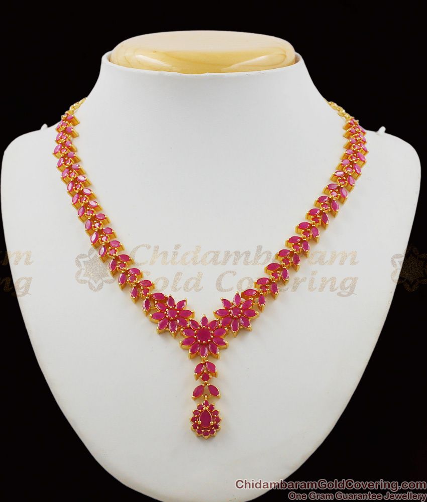 Unique Full Ruby Stone Party Wear Necklace Earrings Combo Jewellery Online NCKN1171