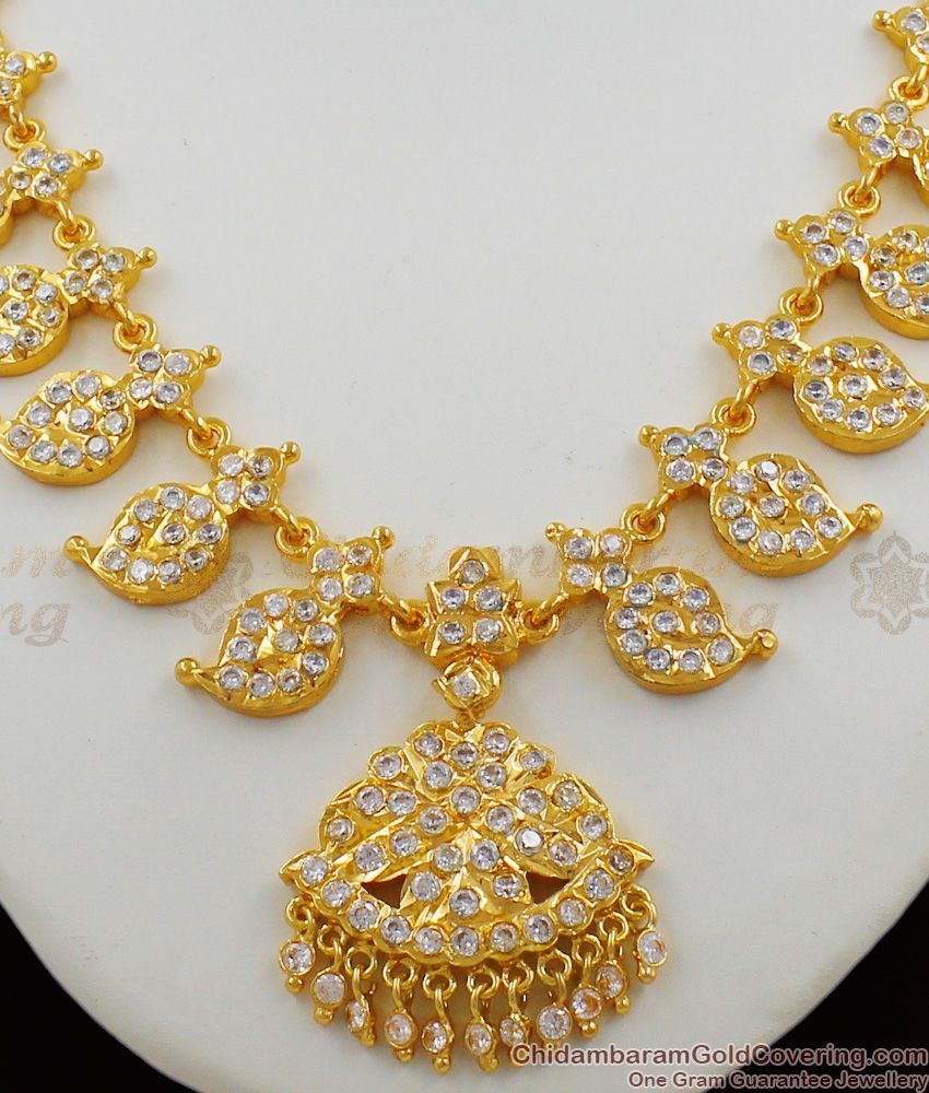 Mango Pattern Full Grand White Gati Stones Gold Plated Impon Attigai Bridal Necklace NCKN1176