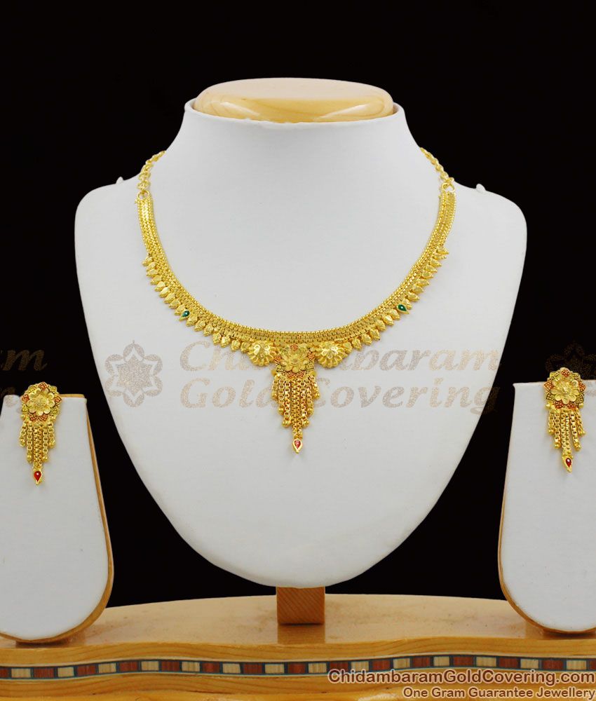 Raining Droplet Model Enamel Forming Flower Design Necklace Earring Combo Set NCKN1190