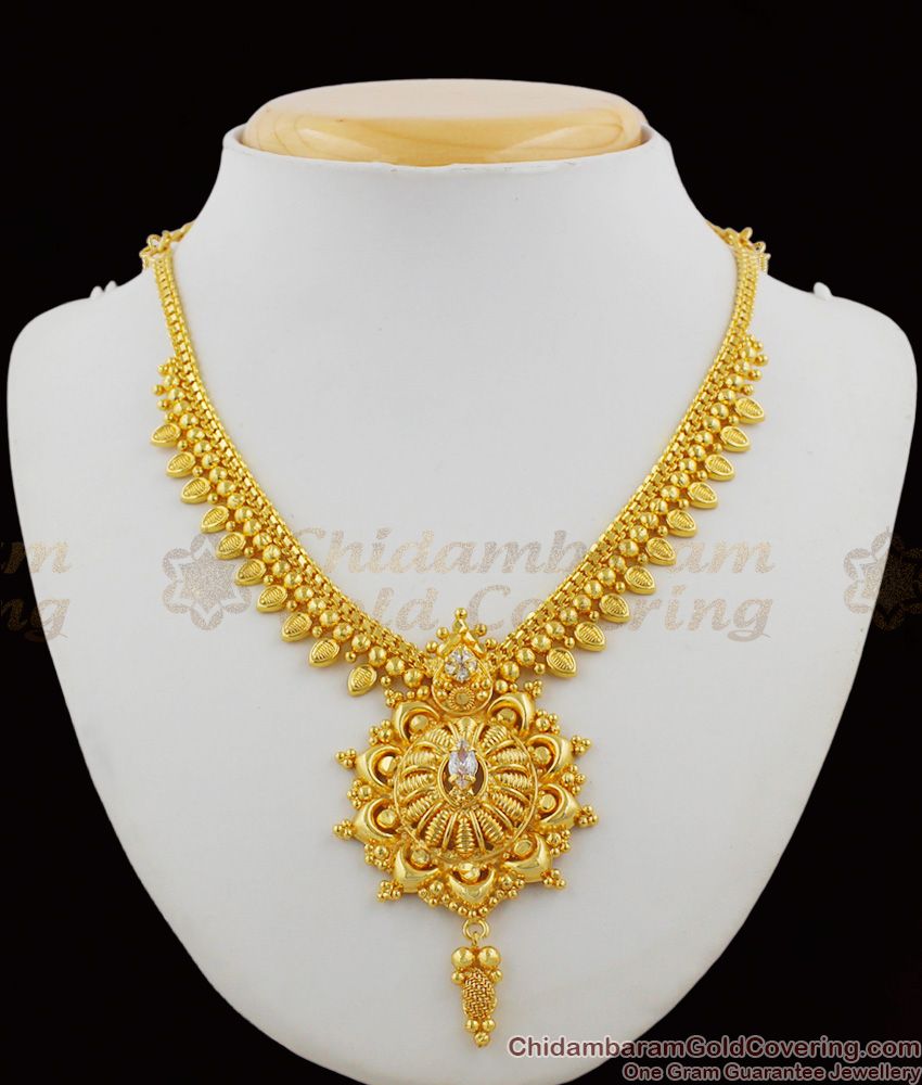 Vivid Gold Aspiring Bridal Necklace With AD White Stone Mango Leaf Design NCKN1198