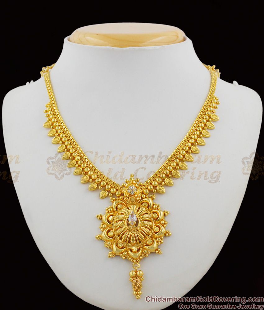 Vivid Gold Aspiring Bridal Necklace With AD White Stone Mango Leaf Design NCKN1198 Vivid Gold Aspiring Bridal Necklace With AD White Stone Mango Leaf Design NCKN1198