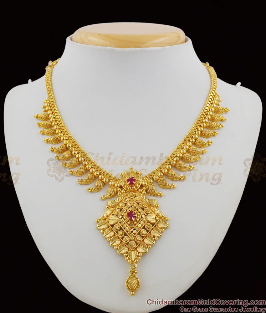 Mango Leaf Net pattern Gold Plated Bridal Necklace Collection With Ruby Stone NCKN1199