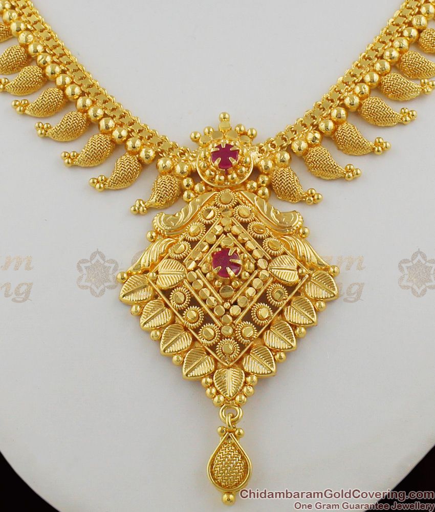 Mango Leaf Net pattern Gold Plated Bridal Necklace Collection With Ruby Stone NCKN1199