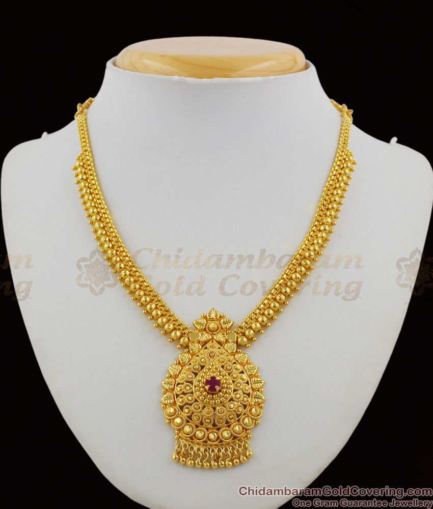 Gold Beads Single ruby Stone Bridal Necklace Collection Online Kerala Jewelry NCKN1200
