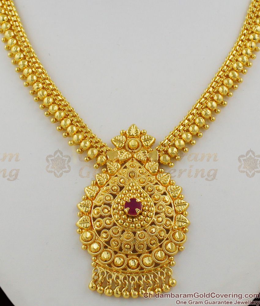 Gold Beads Single ruby Stone Bridal Necklace Collection Online Kerala Jewelry NCKN1200