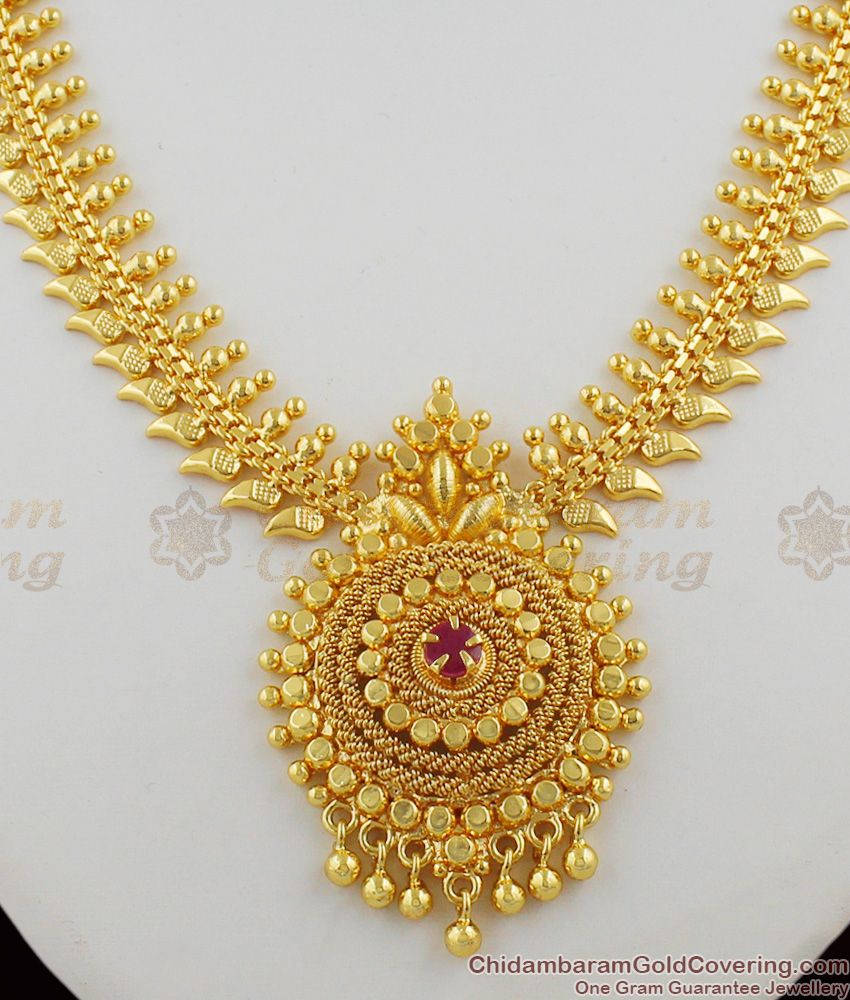 Kerala Mullai Leaf Gold Dollar With Ruby Stone Necklace For Marriage Functions NCKN1201