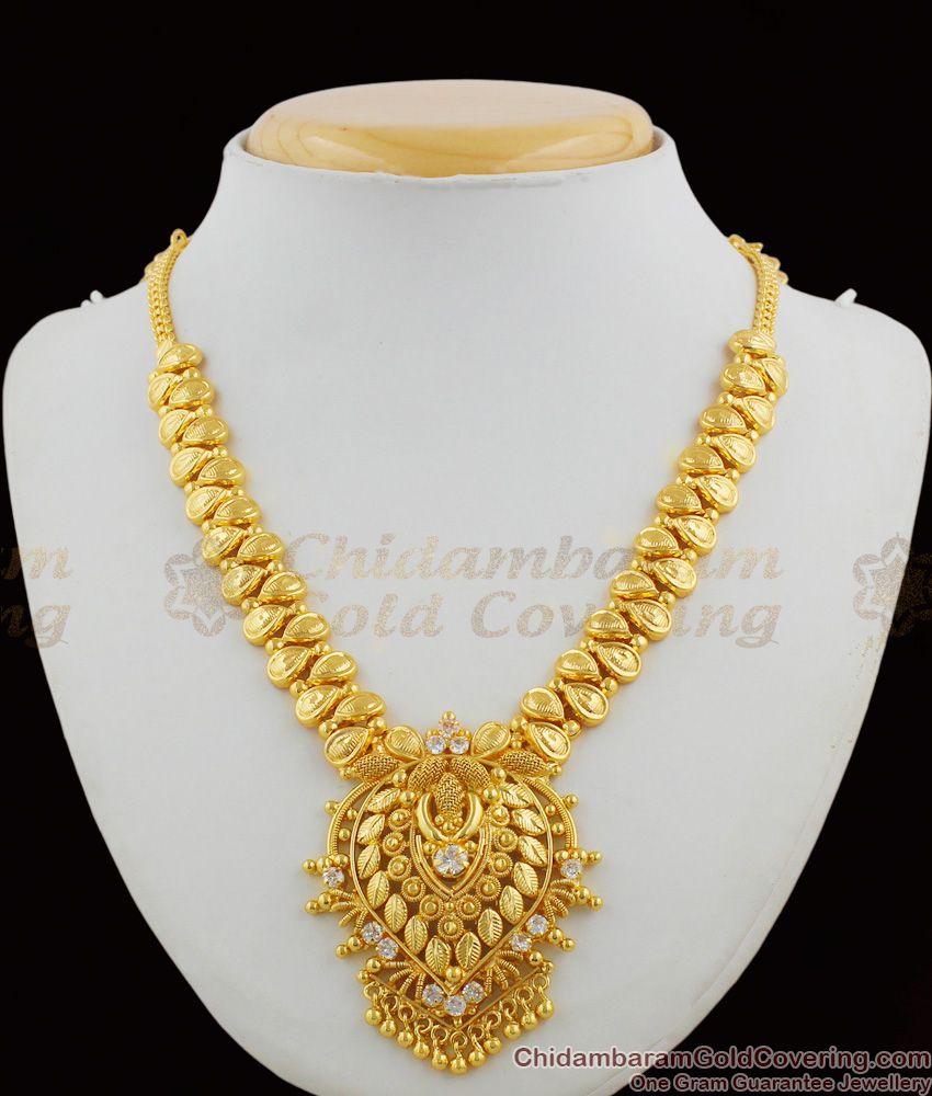 Grand Bridal AD White Stone Heavy Necklace Mango Design Kerala Jewelry NCKN1229