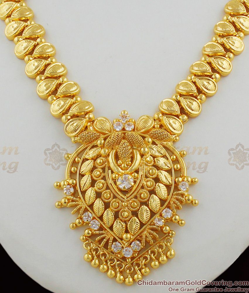 Grand Bridal AD White Stone Heavy Necklace Mango Design Kerala Jewelry NCKN1229