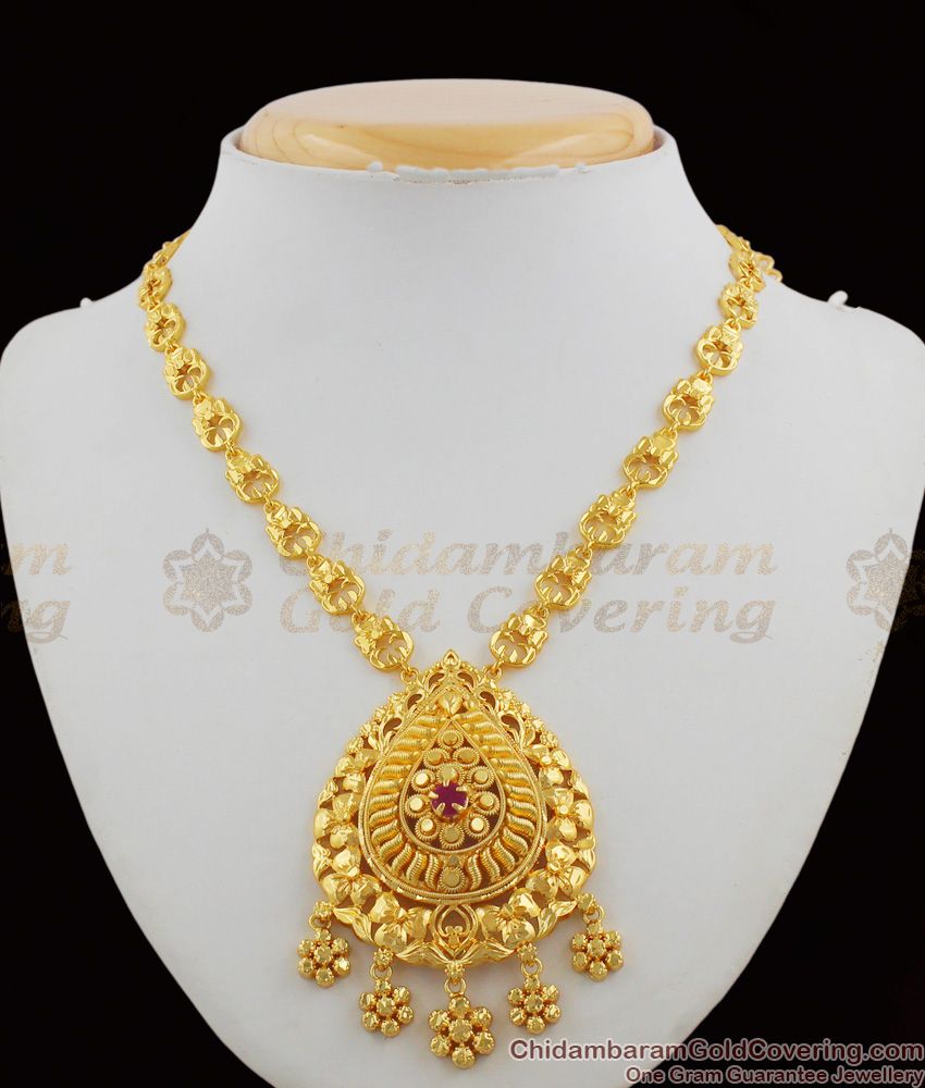 Big Attractive Ruby Stone Leaf Dollar Necklace With Beads Heavy Gold Jewellery NCKN1230