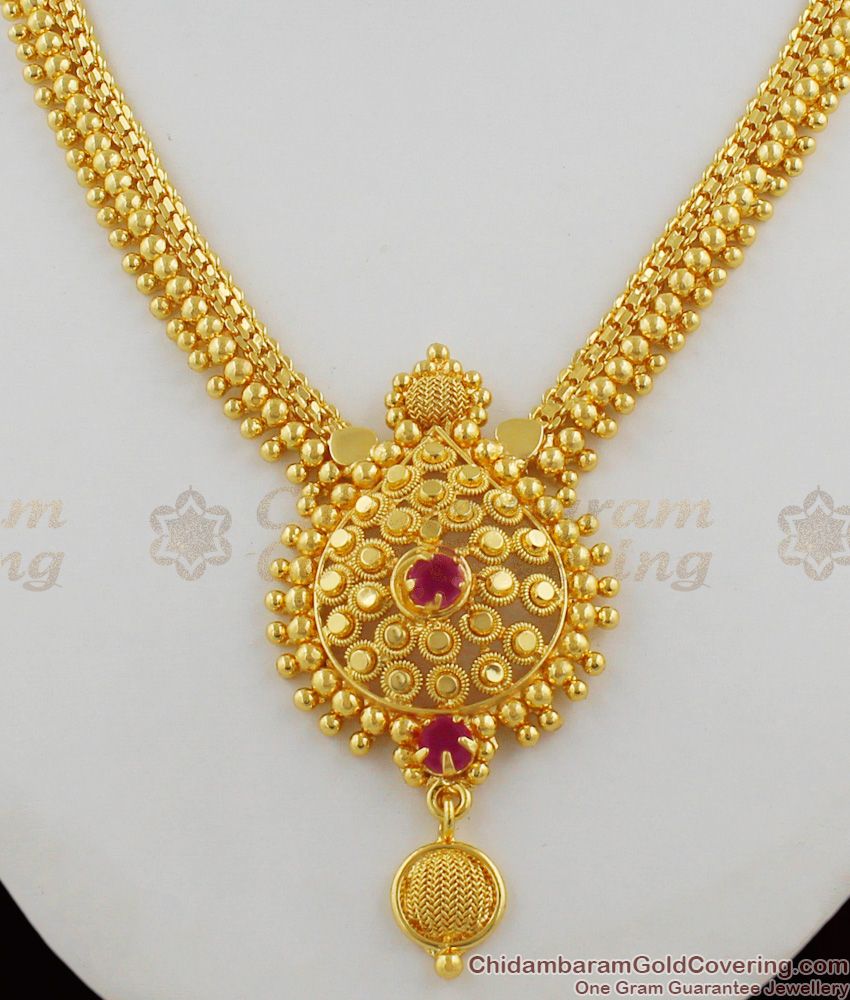 Real Gold Beads Ruby Stone Dollar Mullaipoo Design Bridal Necklace Jewellery NCKN1232