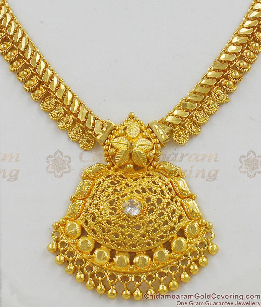 Simple One Gram Gold Mango Pattern Chain With AD Stone Bridal Dollar Necklace NCKN1247