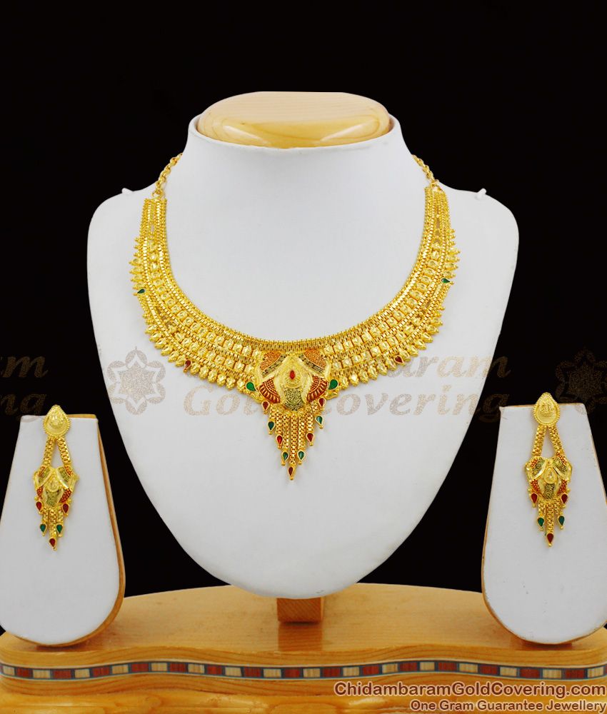 Cinematic Gold Full Forming Calcutta Design Bridal Necklace Set With Earrings Online NCKN1254