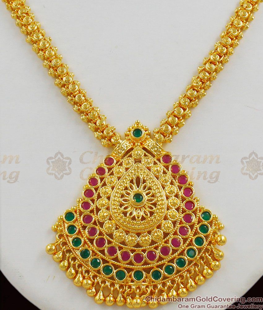 Big Ruby Emerald Stone Dollar Chain Type Bridal Necklace Gold Imiation Jewellery NCKN1257