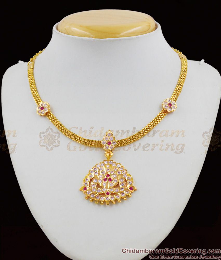 Gold Plated Ayimpon Attigai Necklace Flower Design With Multi Color Stones For Ladies NCKN1262 Gold Plated Ayimpon Attigai Necklace Flower Design With Multi Color Stones For Ladies NCKN1262