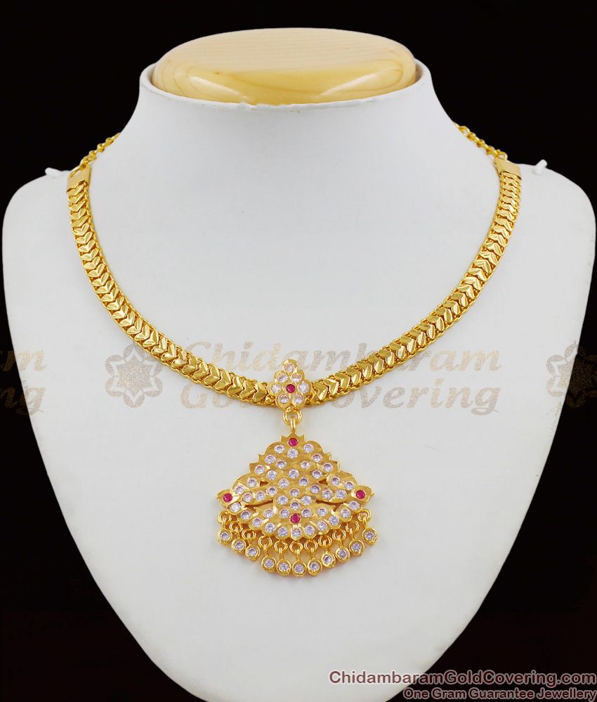 Knitted Heart Chain Five Metal Gold Necklace With Classic White And Pink Stones NCKN1264